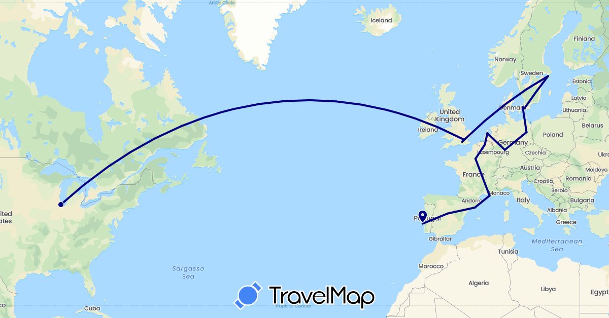 TravelMap itinerary: driving in Belgium, Germany, Denmark, Spain, France, United Kingdom, Netherlands, Portugal, Sweden, United States (Europe, North America)